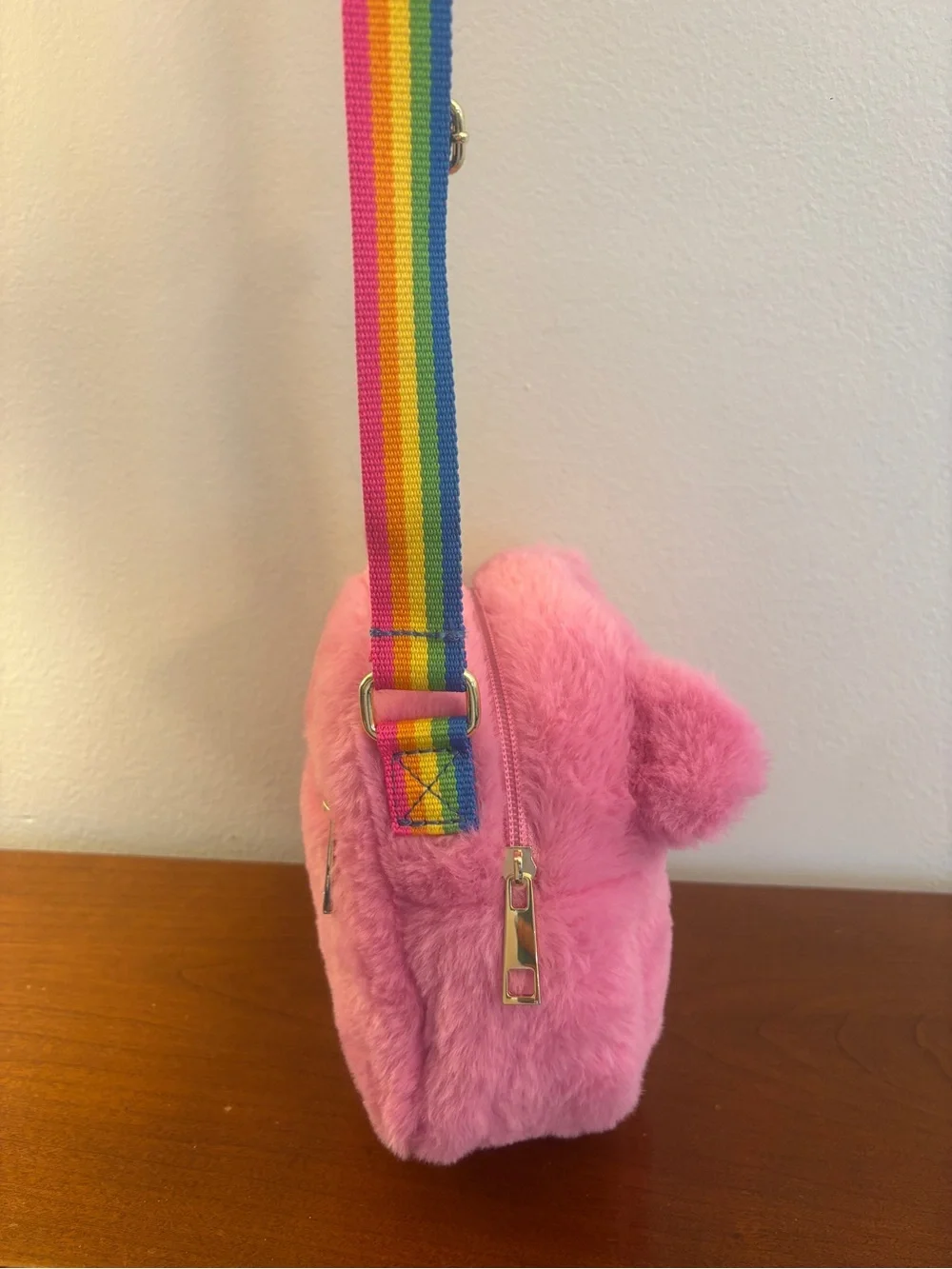 Care Bears Cheer Bear Pink Plush Crossbody Bag Rainbow Strap NWOT